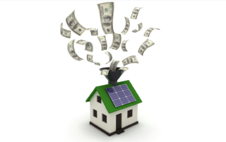 Model house with solar panels and dollar bills, symbolizing energy savings and financial benefits from Evergreen Solar Systems.